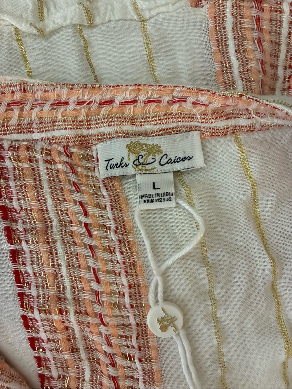 Turks & Caicos Boho Tiered White Coral Stripe Mini Dress size Large - Picture 4 of 7